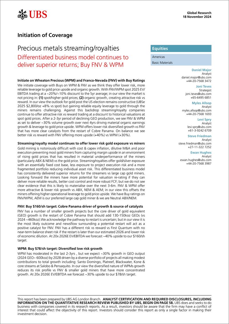 《UBS Equities-Initiation of Coverage Precious metals streamingroyalties....-111642511》 - 第1页预览图