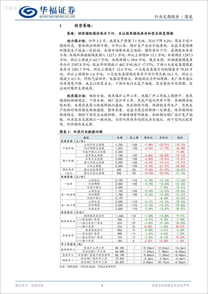 《煤炭行业周报：下游呈现复苏迹象，双焦需求兑现难以一蹴而就，库存已至历史低位-华福证券》 - 第4页预览图