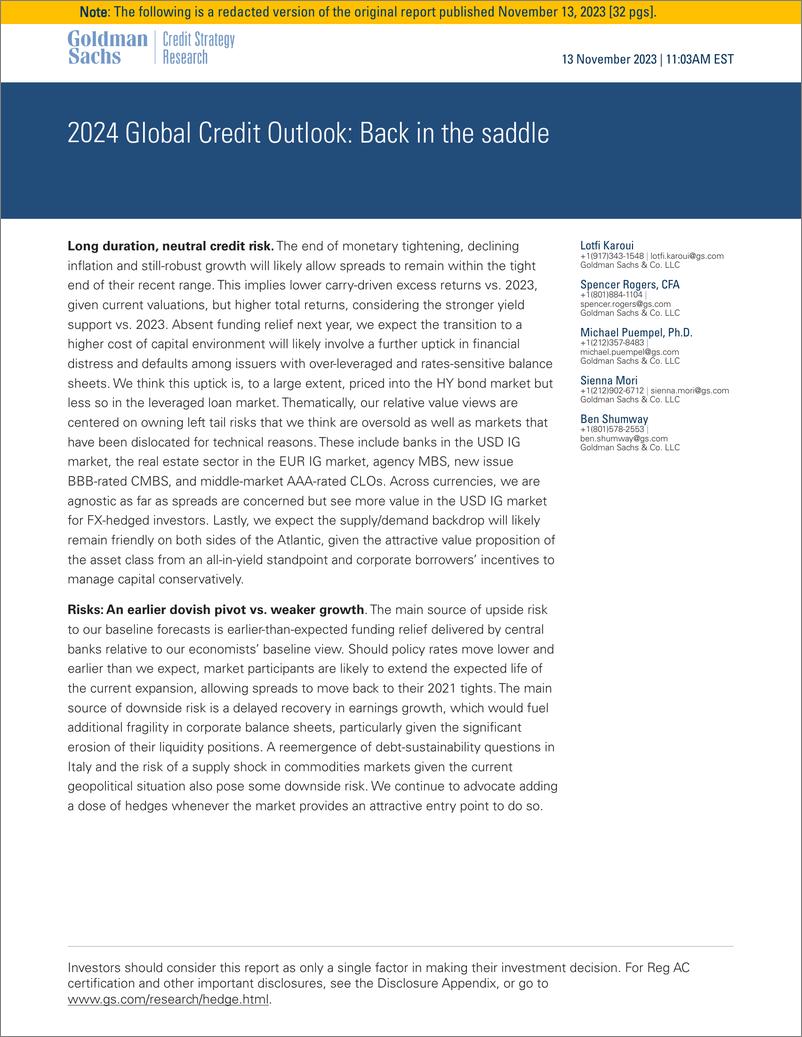 《高盛：2024年全球信贷展望报告：回到马鞍上（英文版）》 - 第1页预览图