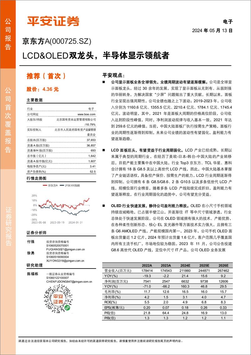 《京东方A(000725)LCD%26OLED双龙头，半导体显示领航-240513-平安证券-23页》 - 第1页预览图