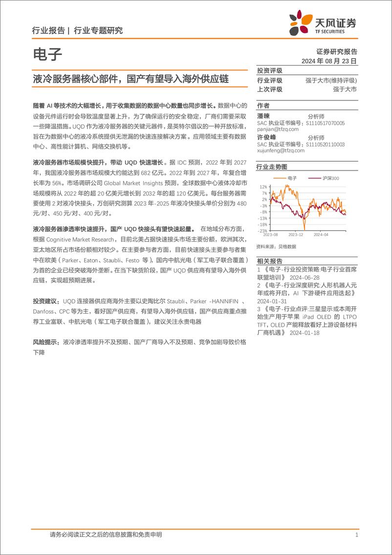 《电子行业专题研究：液冷服务器核心部件，国产有望导入海外供应链-240823-天风证券-14页》 - 第1页预览图