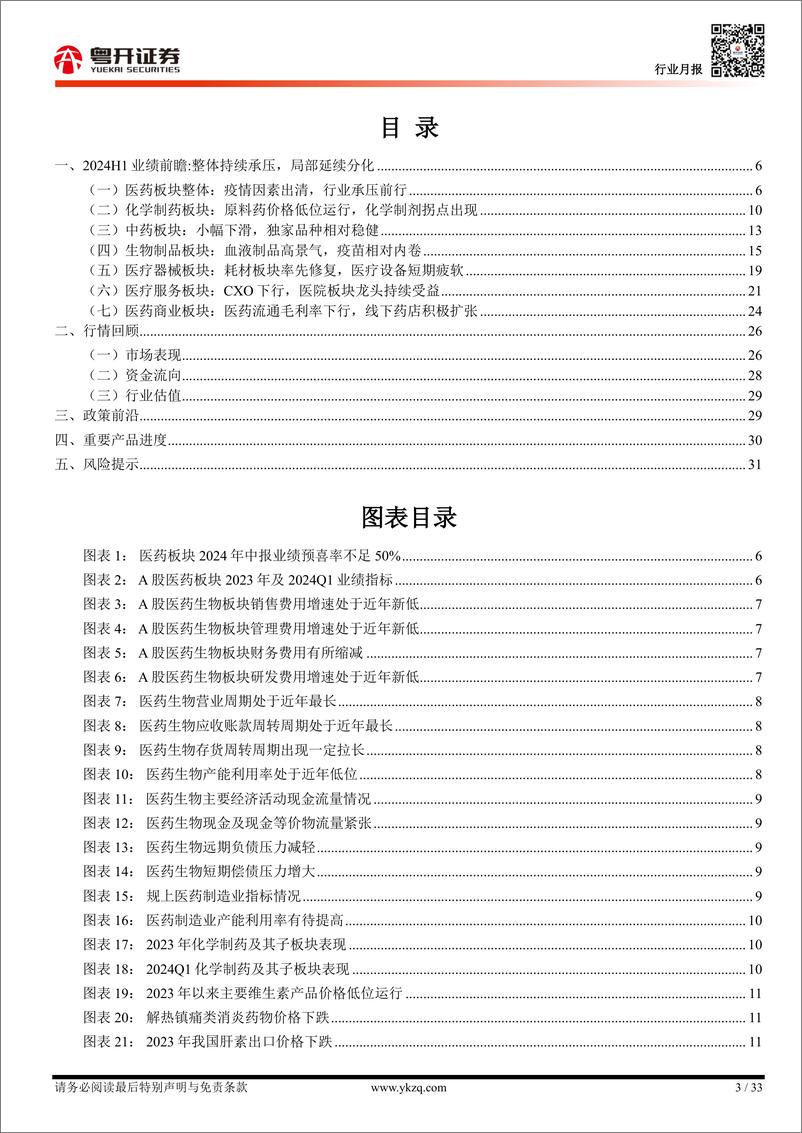 《医药生物行业月报：【粤开医药】2024H1业绩前瞻，整体持续承压，局部延续分化-240805-粤开证券-33页》 - 第3页预览图