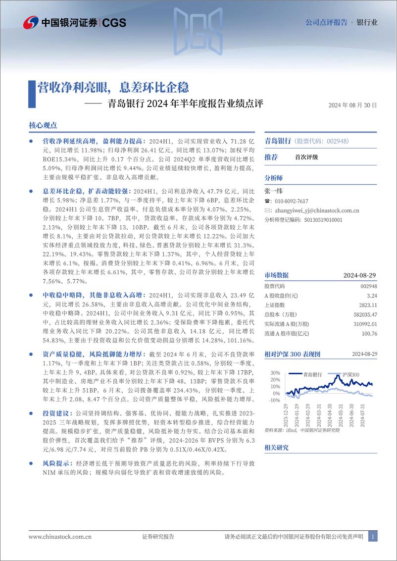 《青岛银行(002948)2024年半年度报告业绩点评：营收净利亮眼，息差环比企稳-240830-银河证券-10页》 - 第1页预览图