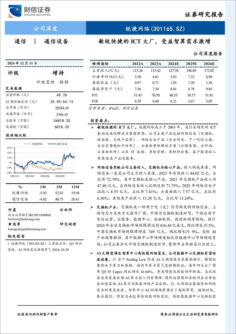 《锐捷网络(301165)公司深度报告：敏锐快捷的ICT大厂，受益智算需求激增-241211-财信证券-32页》 - 第1页预览图