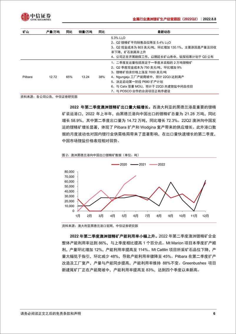 《金属行业澳洲锂矿生产经营跟踪（2022Q2）：产量增长加速，矿价上涨支撑下半年锂价-20220808-中信证券-22页》 - 第7页预览图