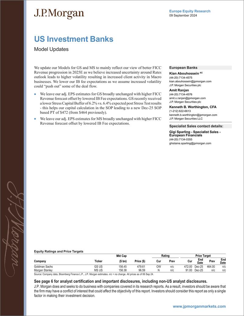 《JPMorgan-US Investment Banks Model Updates-110243708》 - 第1页预览图