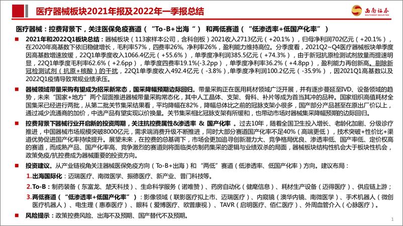 《医疗器械行业板块2021年报及2022年一季报总结：2022Q1因抗原检测放量提速，控费背景下关注医保免疫和两低赛道-20220509-西南证券-27页》 - 第3页预览图