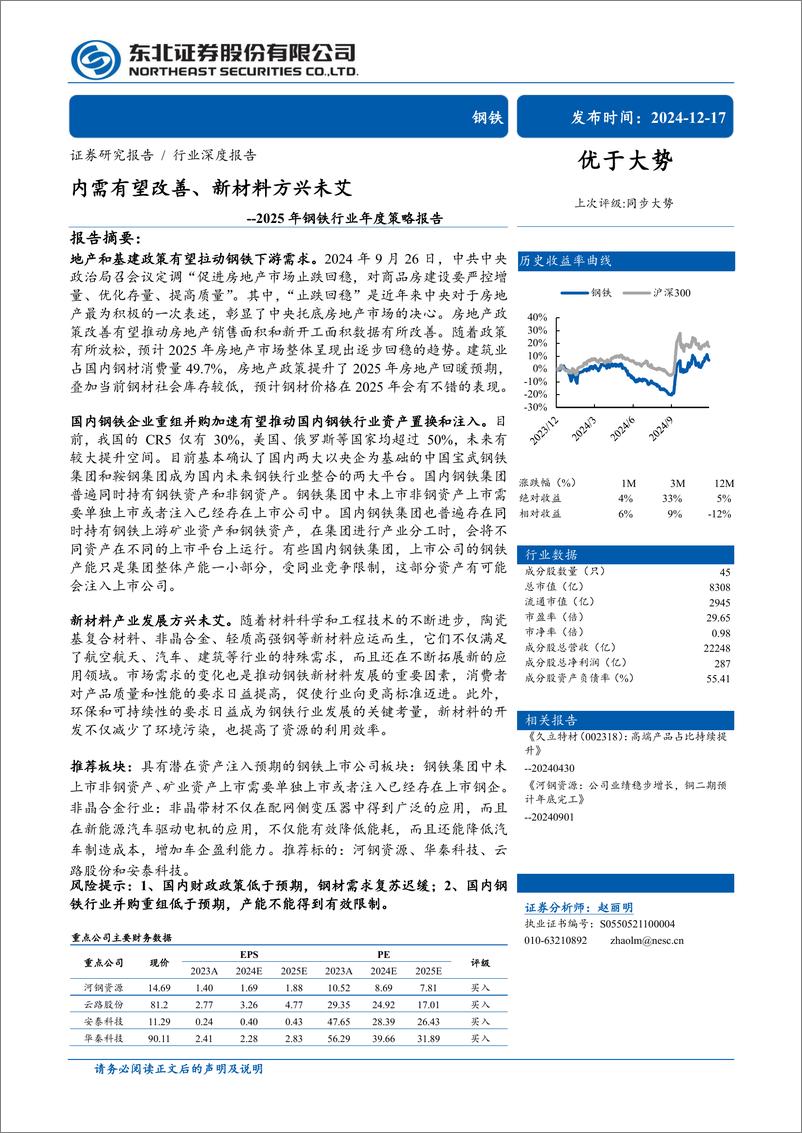 《2025年钢铁行业年度策略报告：内需有望改善、新材料方兴未艾-东北证券-241217-43页》 - 第1页预览图