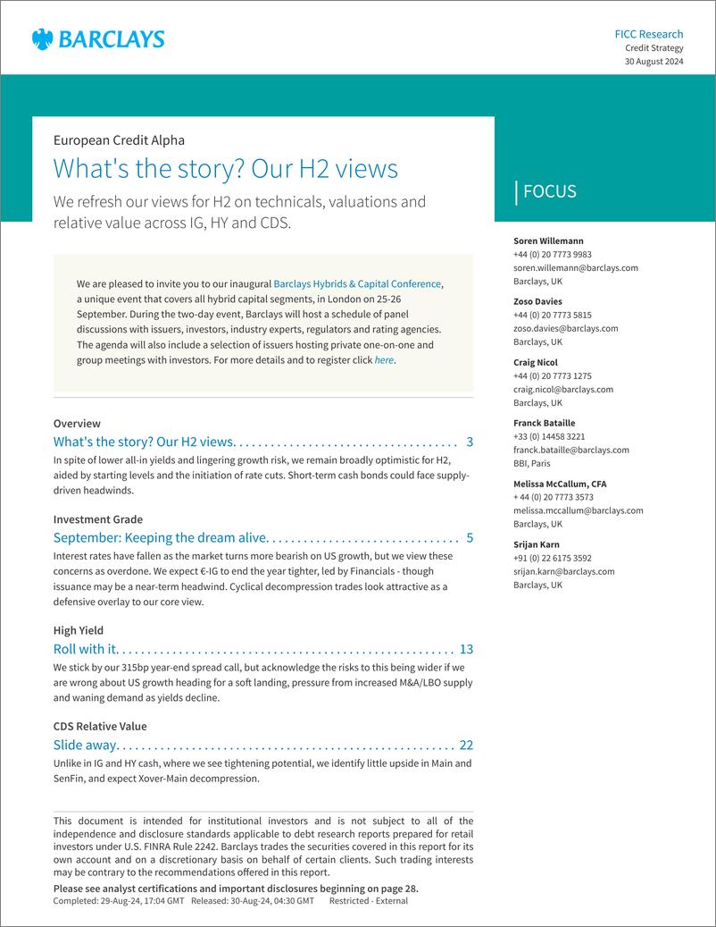 《Barclays_European_Credit_Alpha_What_s_the_story_Our_H2_views》 - 第1页预览图