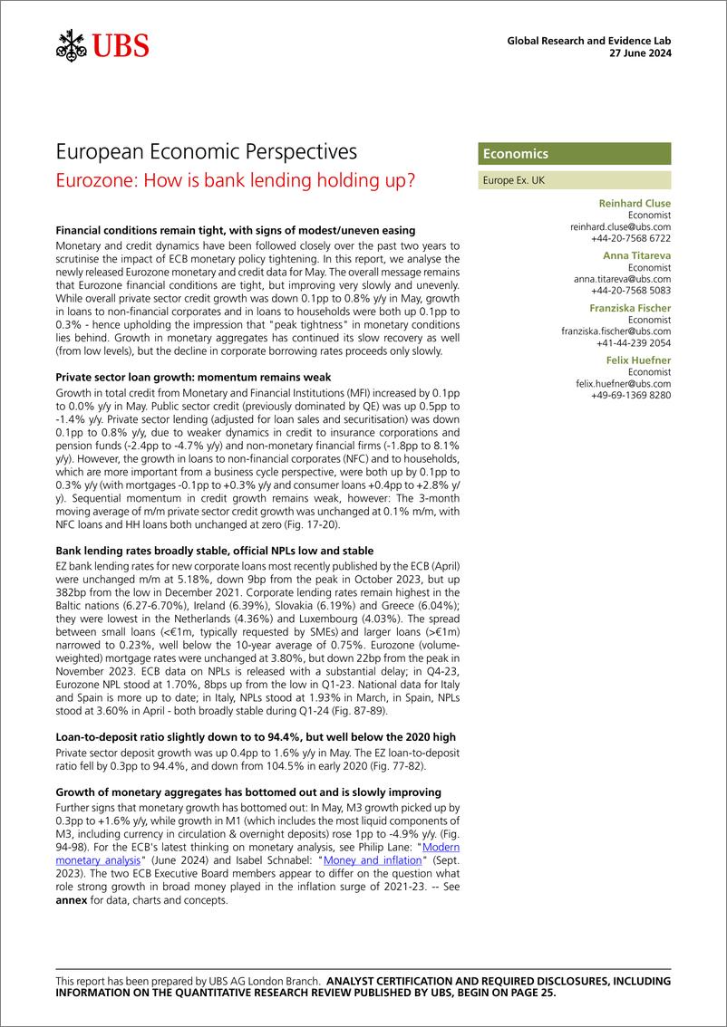 《UBS Economics-European Economic Perspectives _Eurozone How is bank lendin...-108885625》 - 第1页预览图