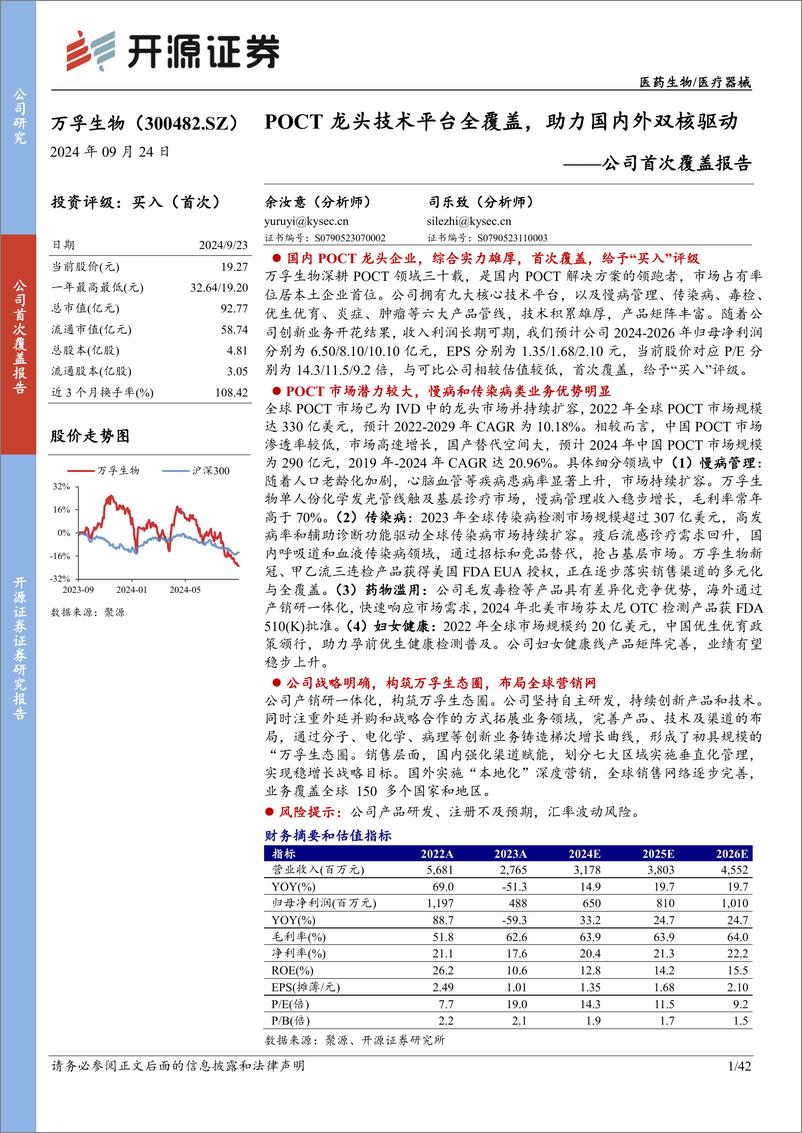 《万孚生物(300482)公司首次覆盖报告：POCT龙头技术平台全覆盖，助力国内外双核驱动-240924-开源证券-42页》 - 第1页预览图