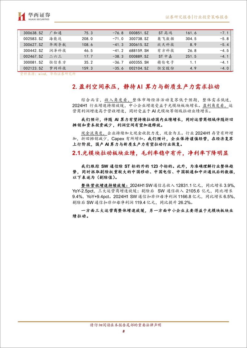 《通信行业2024年中报总结：AI推动光网络业绩，关注物联网、IDC、特种需求恢复-240902-华西证券-24页》 - 第8页预览图