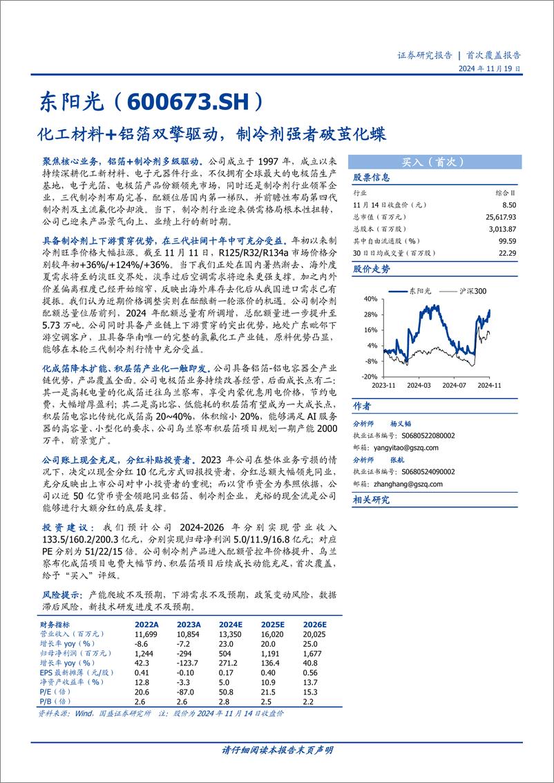 《东阳光(600673)化工材料%2b铝箔双擎驱动，制冷剂强者破茧化蝶-241119-国盛证券-29页》 - 第1页预览图