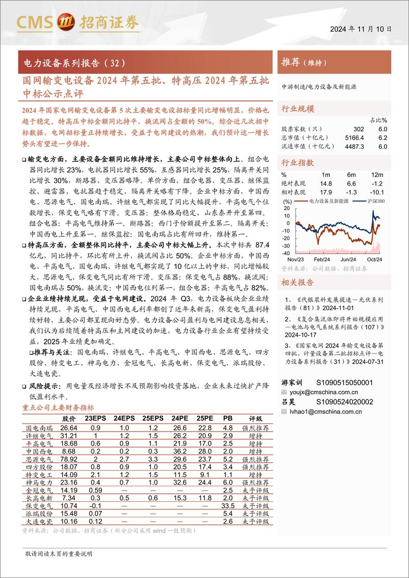 《电力设备行业系列报告(32)：国网输变电设备2024年第五批特高压2024年第五批中标公示点评-241110-招商证券-15页》 - 第1页预览图