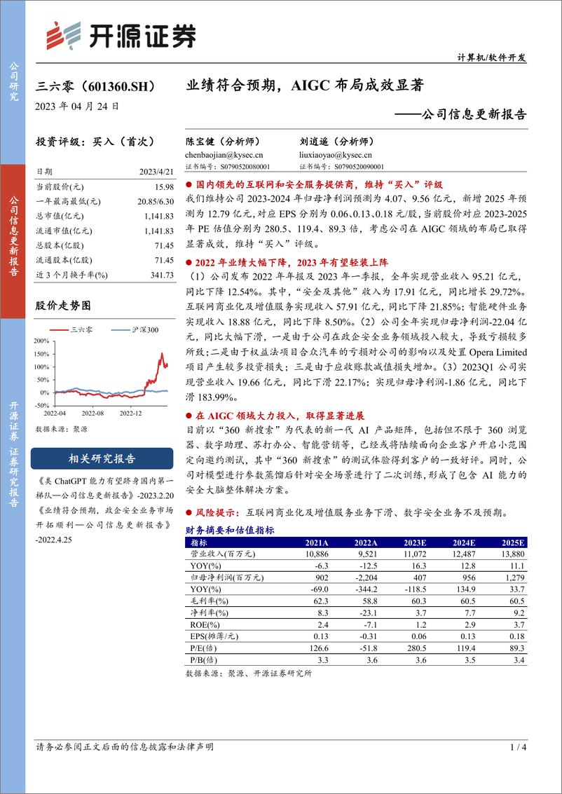 《20230424-开源证券-三六零-601360-公司信息更新报告：业绩符合预期，AIGC布局成效显著》 - 第1页预览图