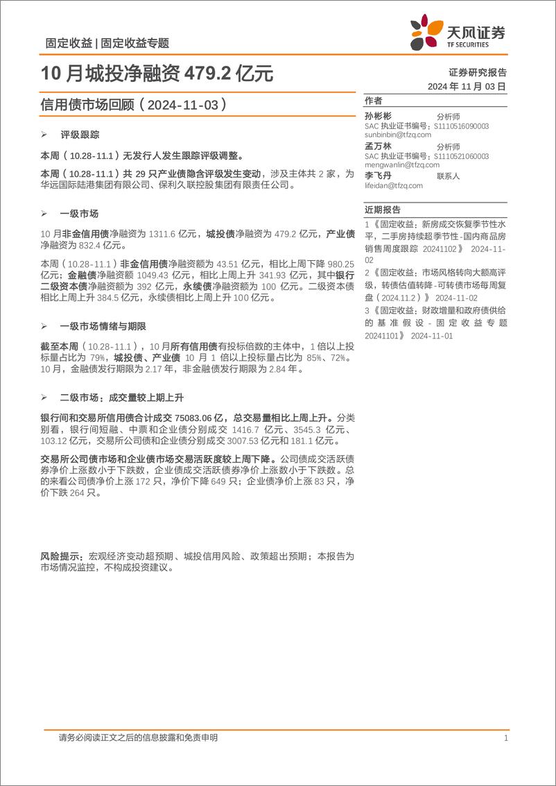 《信用债市场回顾：10月城投净融资479.2亿元-241103-天风证券-19页》 - 第1页预览图