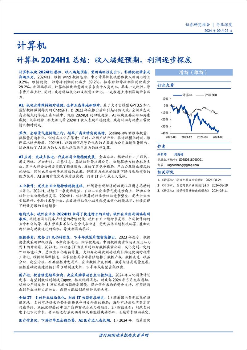 《计算机行业2024H1总结：收入端超预期，利润逐步探底-240902-国盛证券-31页》 - 第1页预览图