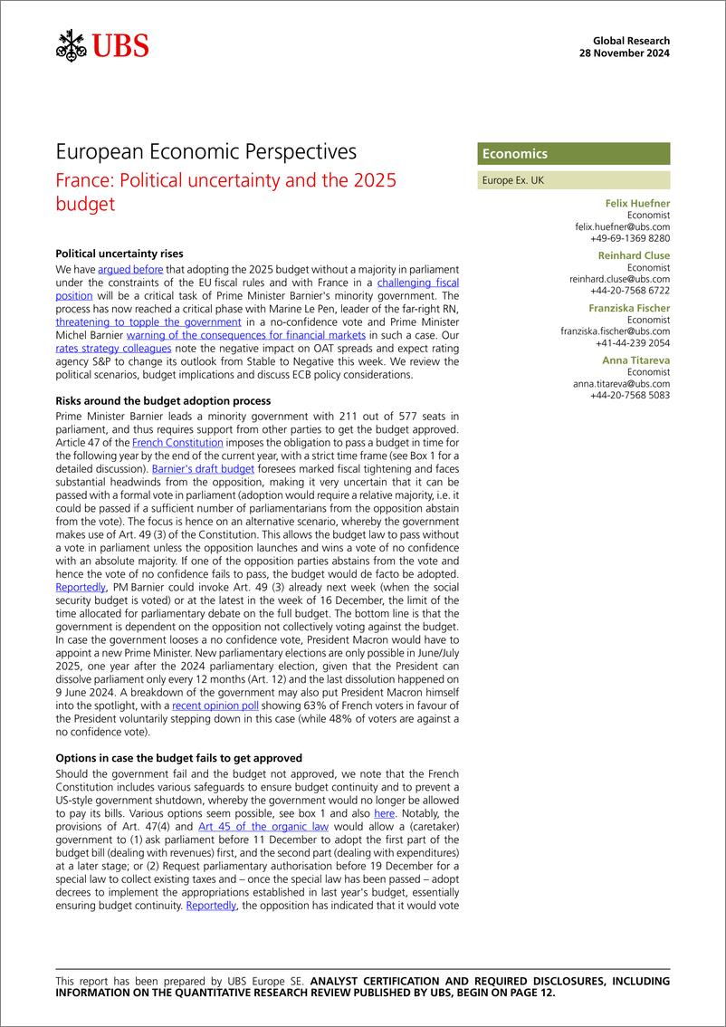 《UBS Economics-European Economic Perspectives _France Political uncertaint...-111874703》 - 第1页预览图