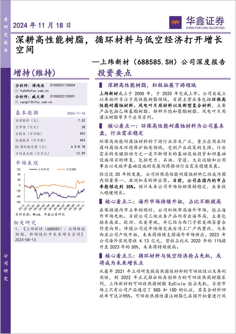 《上纬新材(688585)公司深度报告：深耕高性能树脂，循环材料与低空经济打开增长空间-241118-华鑫证券-25页》 - 第1页预览图