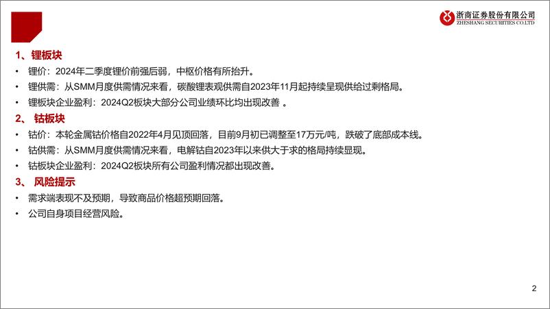 《有色金属行业2024年锂、钴板块业绩综述：价格承压下行，等待行业负反馈-240910-浙商证券-14页》 - 第2页预览图