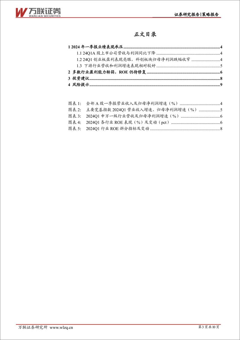 《策略跟踪报告：一季度A股盈利能力下滑，行业间表现分化-240513-万联证券-11页》 - 第3页预览图