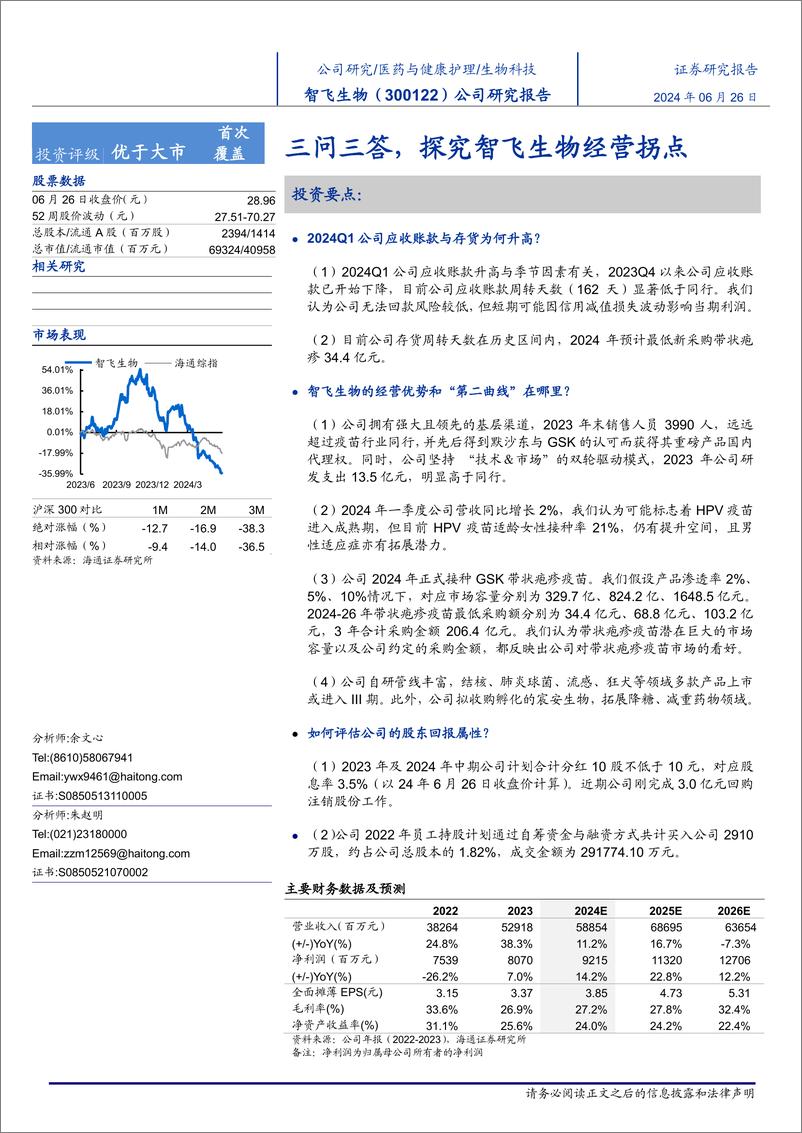 《智飞生物(300122)三问三答，探究智飞生物经营拐点-240626-海通证券-14页》 - 第1页预览图