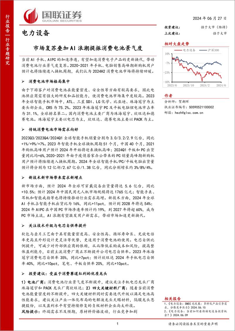 《电力设备行业专题研究：市场复苏叠加AI浪潮提振消费电池景气度-240627-国联证券-14页》 - 第1页预览图