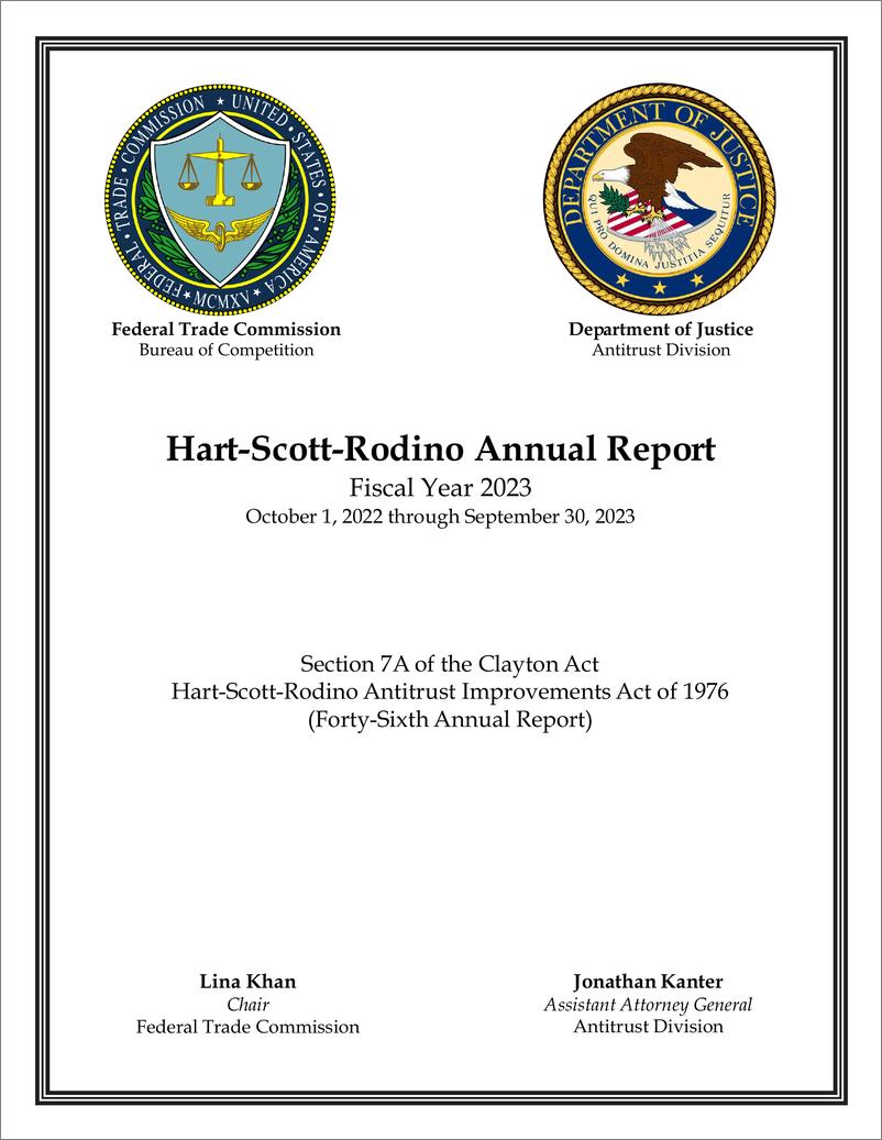 《美国反垄断执法部门发布2023财年经营者集中反垄断审查报告-54页》 - 第1页预览图