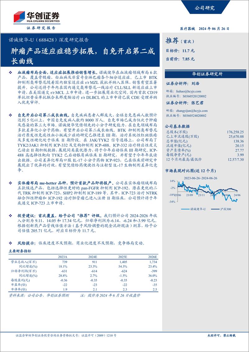 《华创证券-诺诚健华-688428-深度研究报告：肿瘤产品适应症稳步拓展，自免开启第二成长曲线》 - 第1页预览图