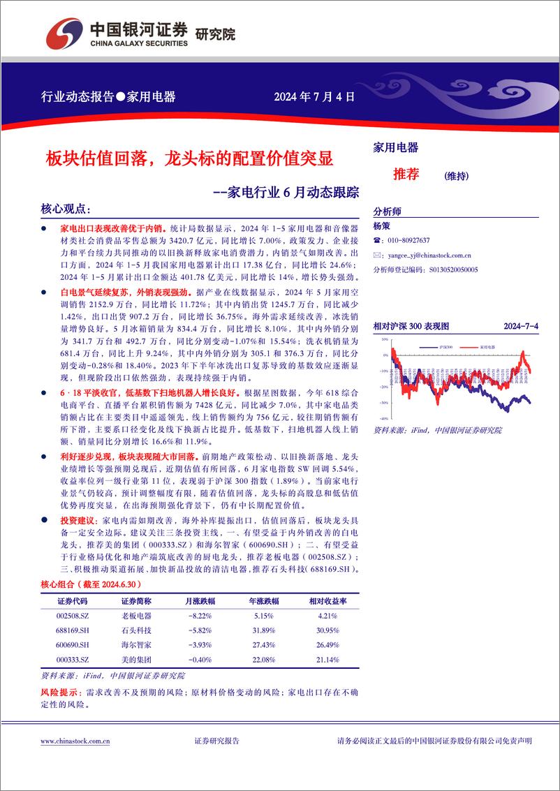 《家电行业6月动态跟踪：板块估值回落，龙头标的配置价值突显-240704-银河证券-19页》 - 第1页预览图