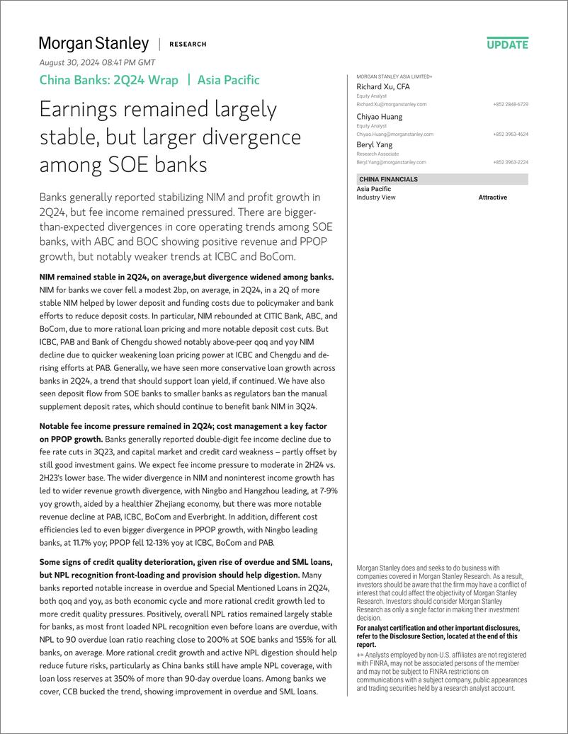 《Morgan Stanley-China Banks 2Q24 Wrap Earnings remained largely stable, bu...-110098773》 - 第1页预览图