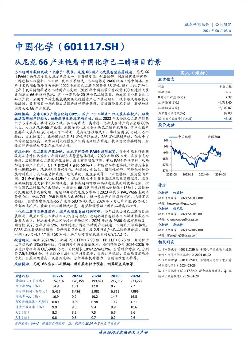 《中国化学(601117)从尼龙66产业链看中国化学己二睛项目前景-240808-国盛证券-19页》 - 第1页预览图