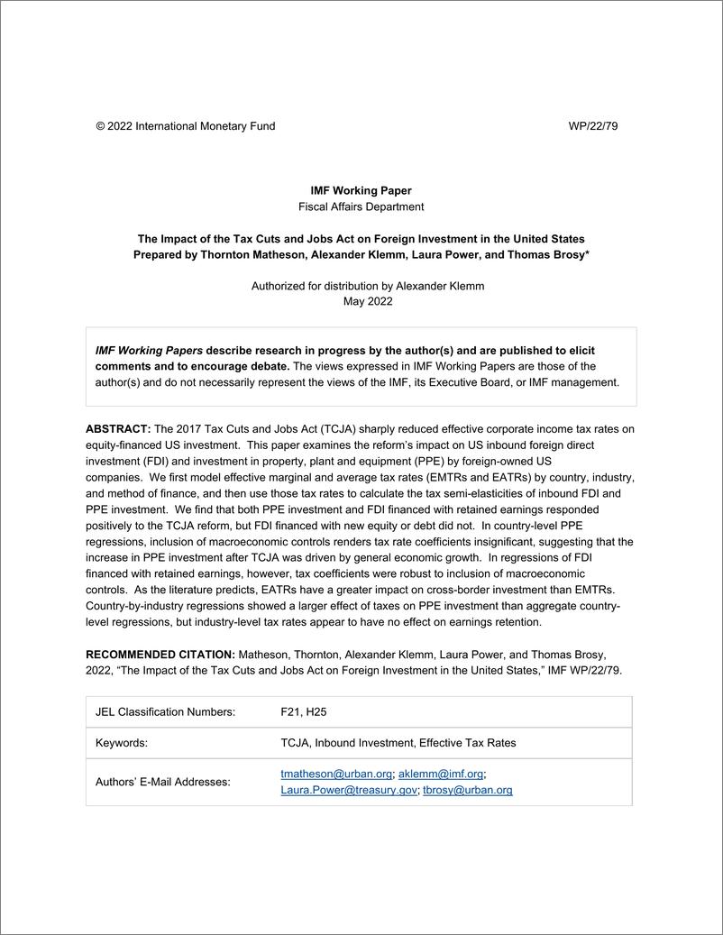 IMF-《减税和就业法案》对美国外国投资的影响（英）-2022.5-30页 - 第3页预览图