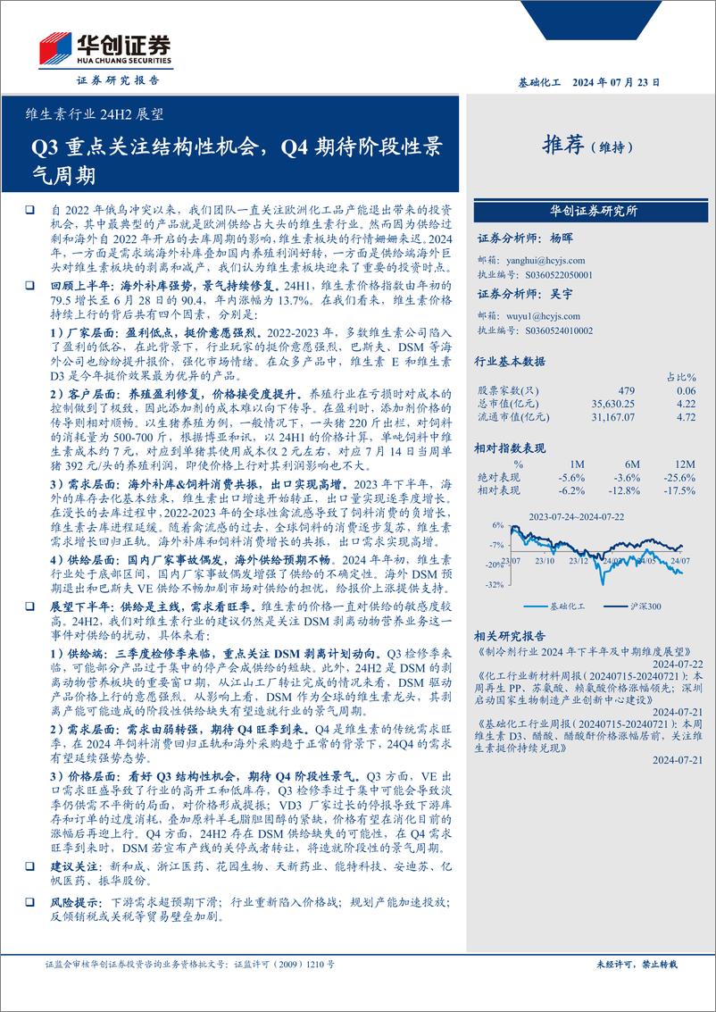 《维生素行业24H2展望：Q3重点关注结构性机会，Q4期待阶段性景气周期-240723-华创证券-19页》 - 第1页预览图