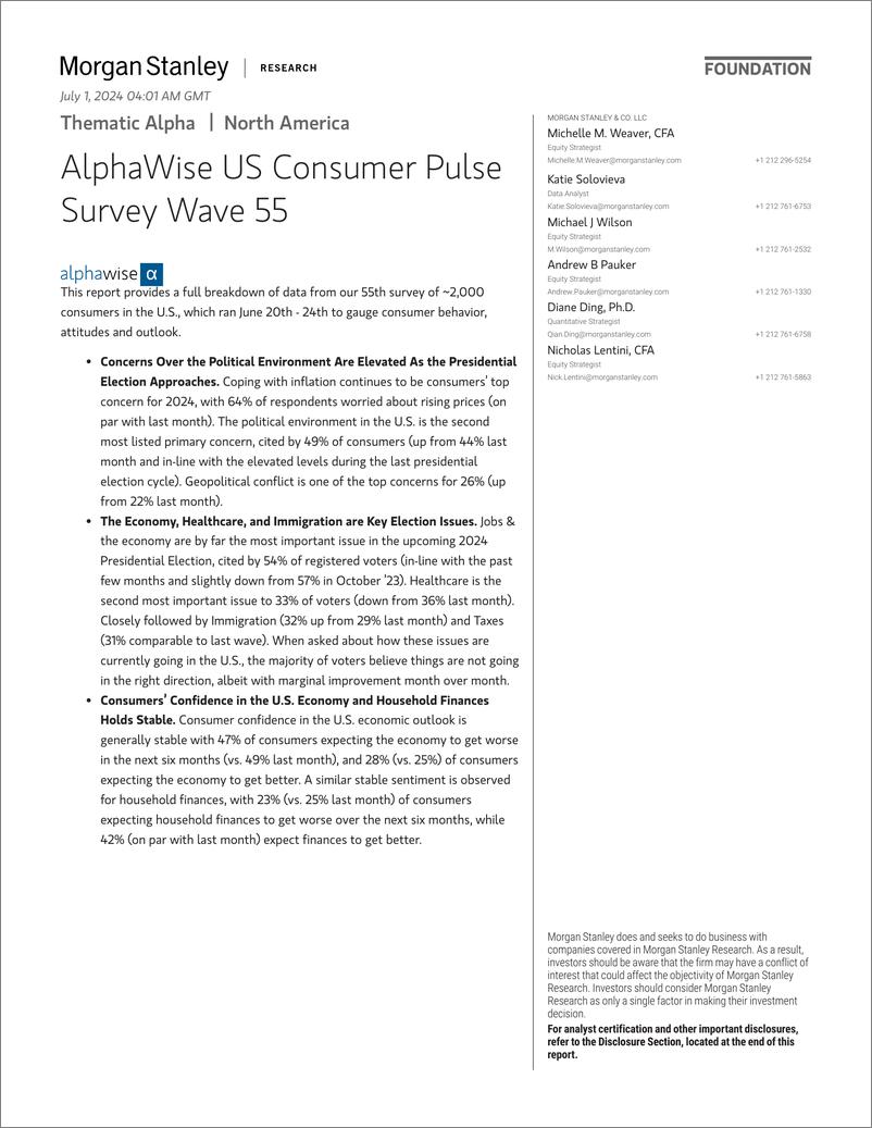 《Morgan Stanley-Thematic Alpha AlphaWise US Consumer Pulse Survey Wave 55-108937662》 - 第1页预览图