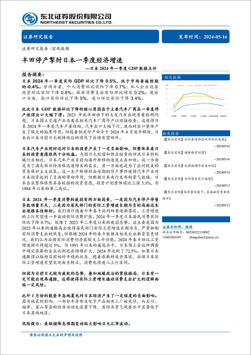 《日本2024年一季度GDP数据点评：丰田停产掣肘日本一季度经济增速-240516-东北证券-10页》 - 第1页预览图