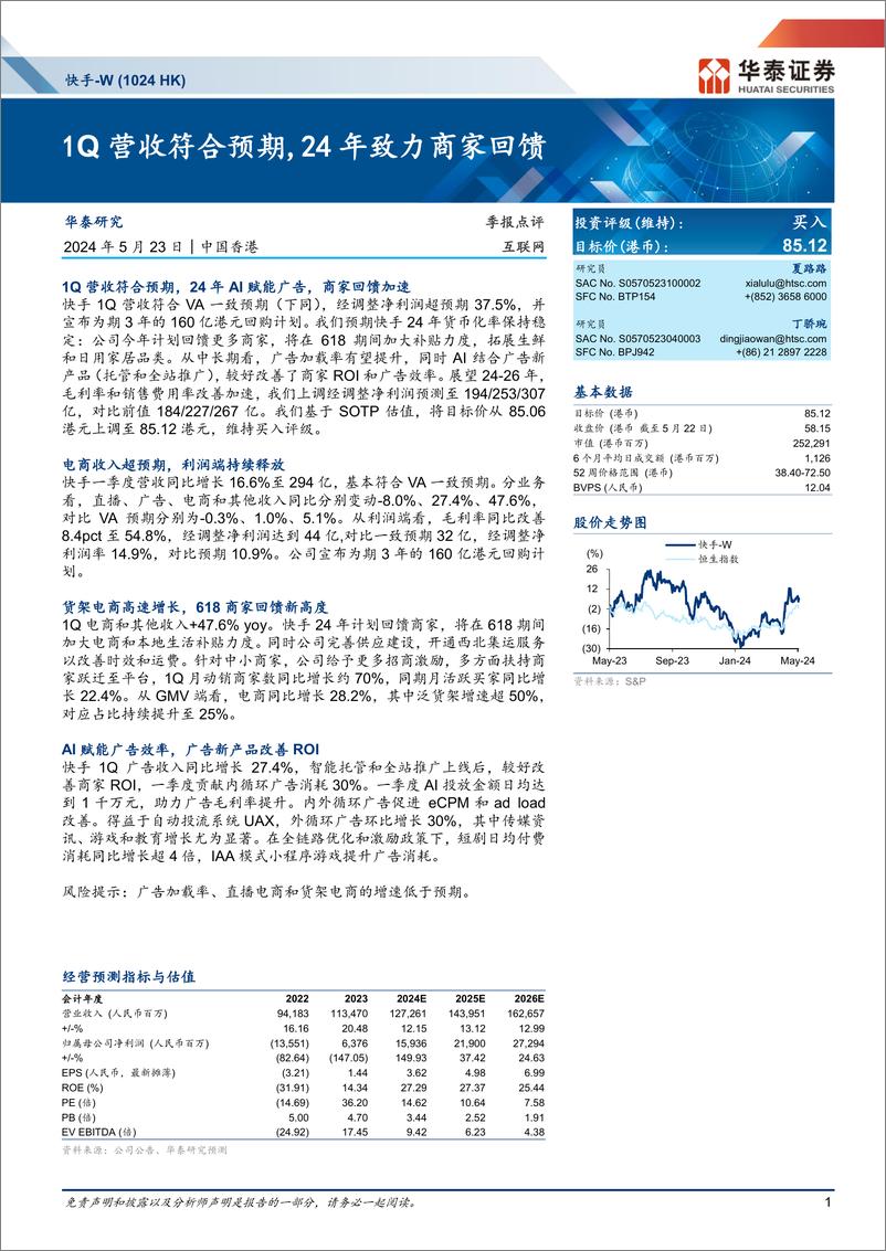 《快手-W(1024.HK)1Q营收符合预期，24年致力商家回馈-240523-华泰证券-10页》 - 第1页预览图