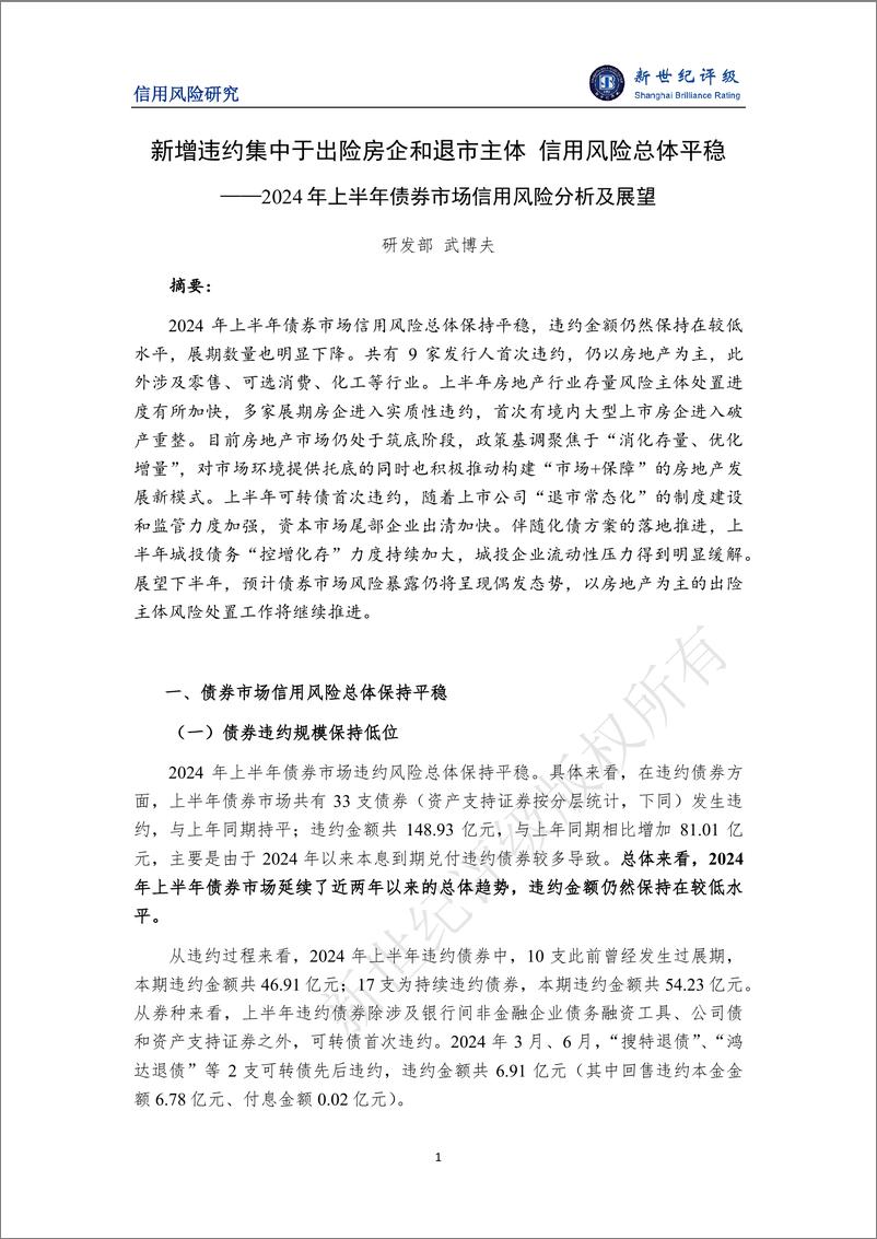 《新增违约集中于出险房企和退市主体 信用风险总体平稳——2024年上半年债券市场信用风险分析及展望-12页》 - 第1页预览图