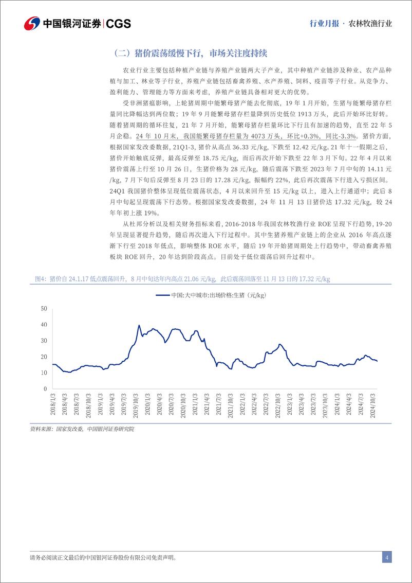 《农林牧渔行业11月行业动态报告：关注25年成本优化下的生猪养殖利润弹性-241128-银河证券-23页》 - 第4页预览图