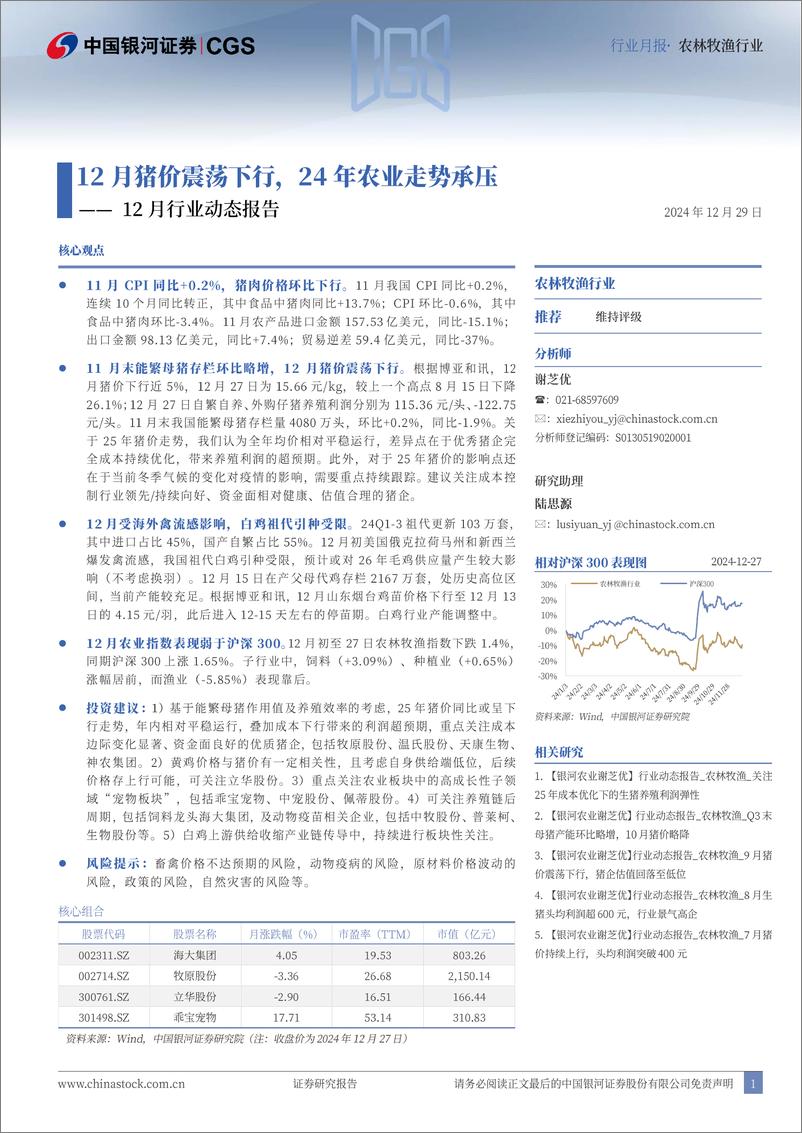 《农林牧渔行业12月行业动态报告：12月猪价震荡下行，24年农业走势承压-银河证券-241229-23页》 - 第1页预览图