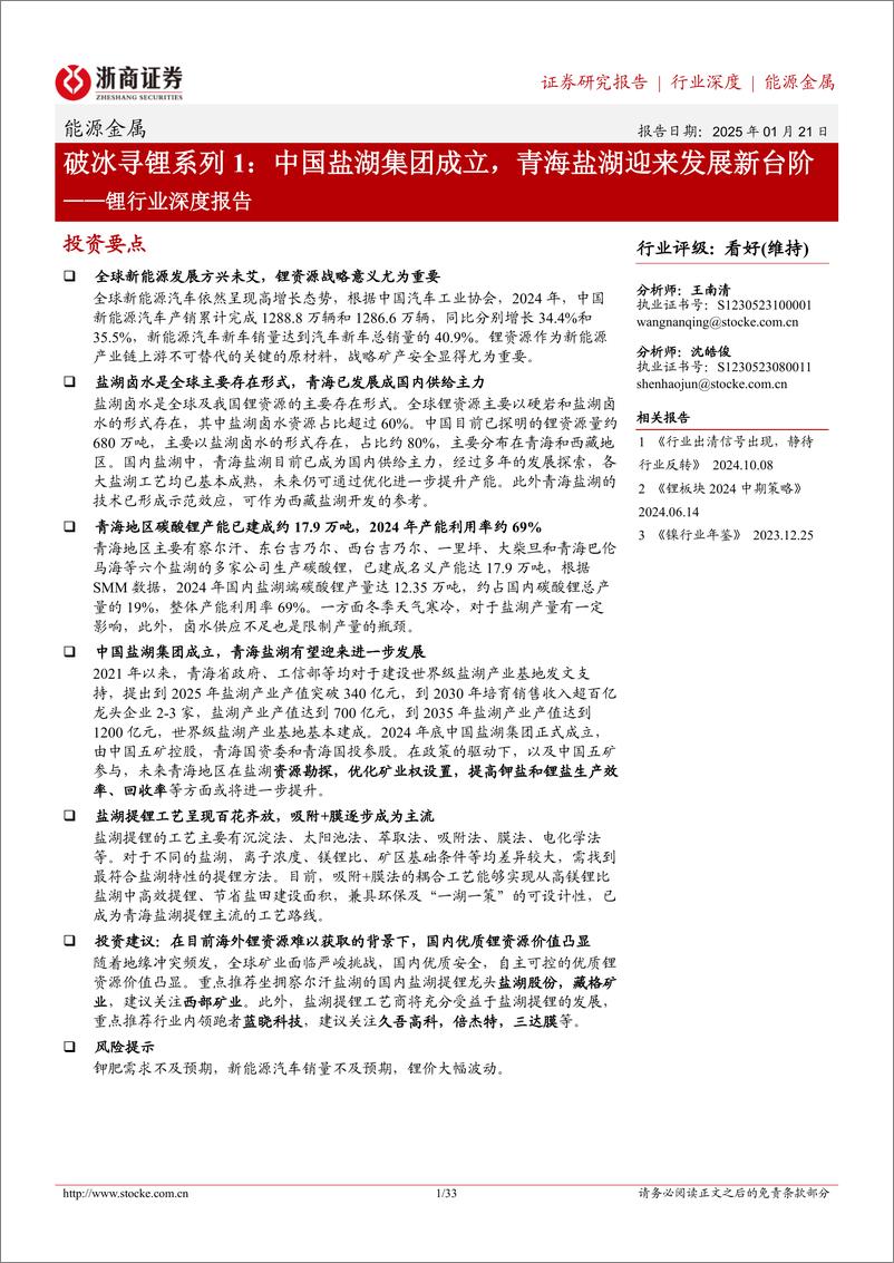 《锂行业深度报告_破冰寻锂系列1_中国盐湖集团成立_青海盐湖迎来发展新台阶》 - 第1页预览图