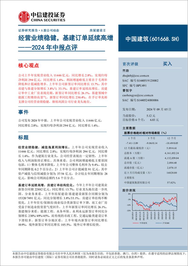 《中国建筑(601668)2024年中报点评：经营业绩稳健，基建订单延续高增-240905-中信建投-14页》 - 第1页预览图