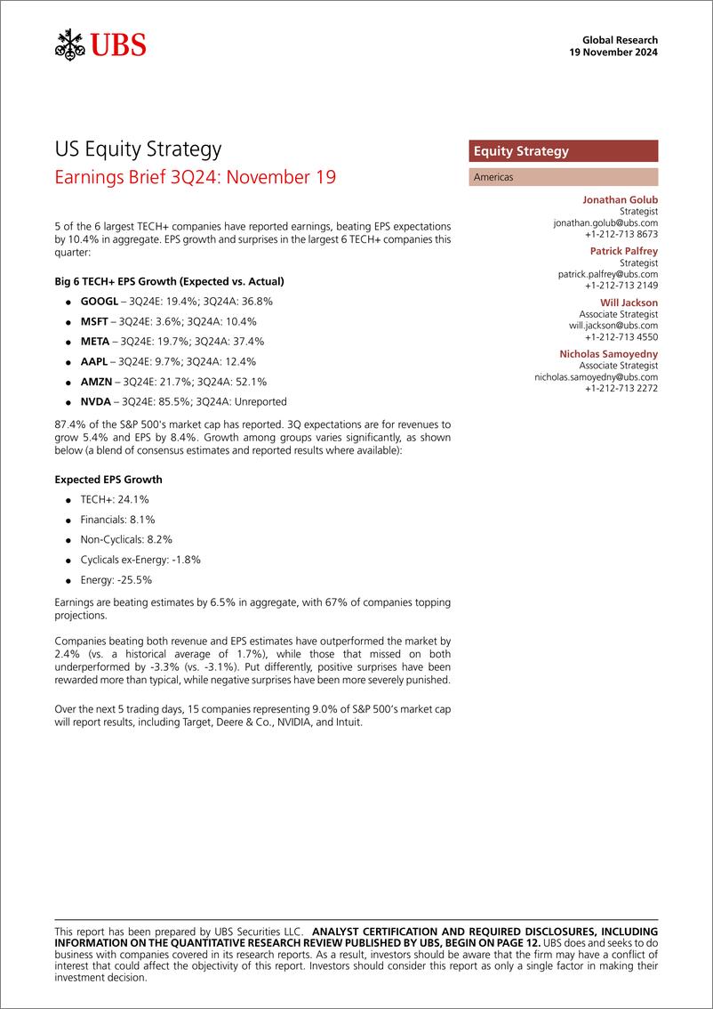 《UBS Equities-US Equity Strategy _Earnings Brief 3Q24 November 19_ Golub-111684174》 - 第1页预览图