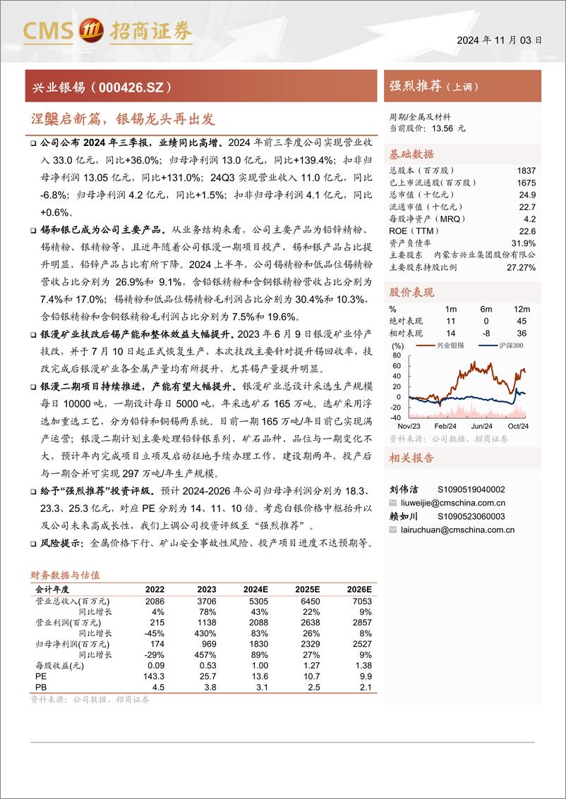 《兴业银锡(000426)涅槃启新篇，银锡龙头再出发-241103-招商证券-14页》 - 第1页预览图