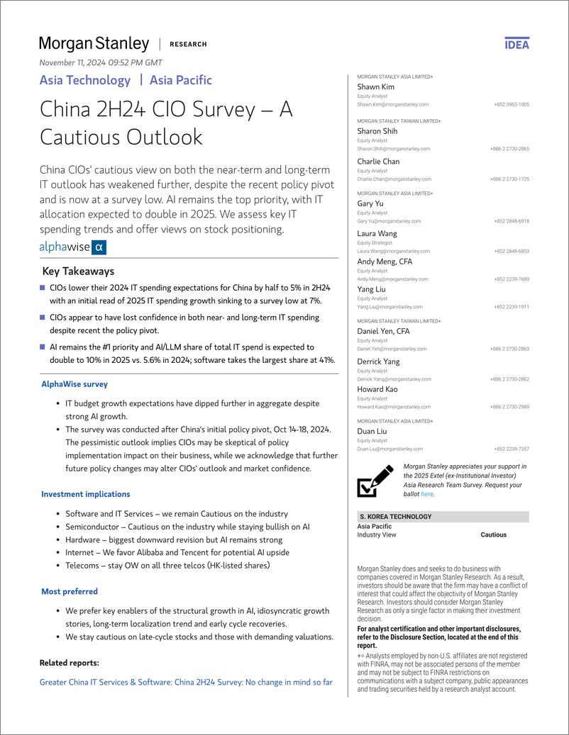 《Morgan Stanley-Asia Technology China 2H24 CIO Survey – A Cautious Outlook-111517067》 - 第1页预览图