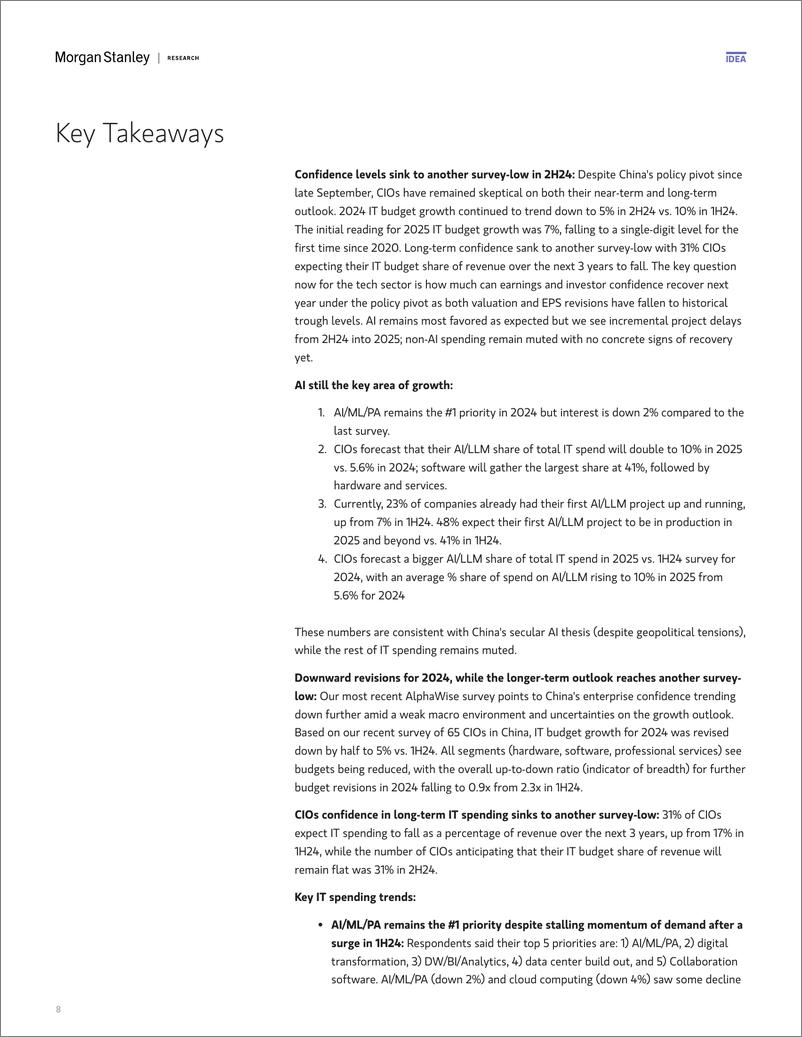 《Morgan Stanley-Asia Technology China 2H24 CIO Survey – A Cautious Outlook-111517067》 - 第8页预览图