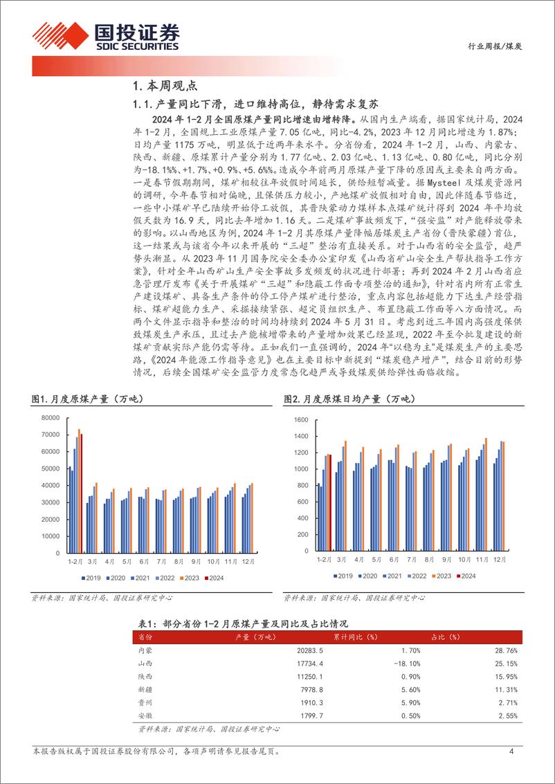 《煤炭行业周报：产量同比下滑，静待需求复苏；年报陆续发布，分红强化价值-国投证券》 - 第4页预览图