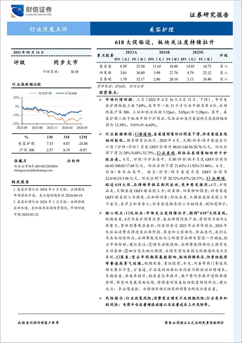 《美容护理行业月度点评：618大促临近，板块关注度持续拉升-240516-财信证券-12页》 - 第1页预览图