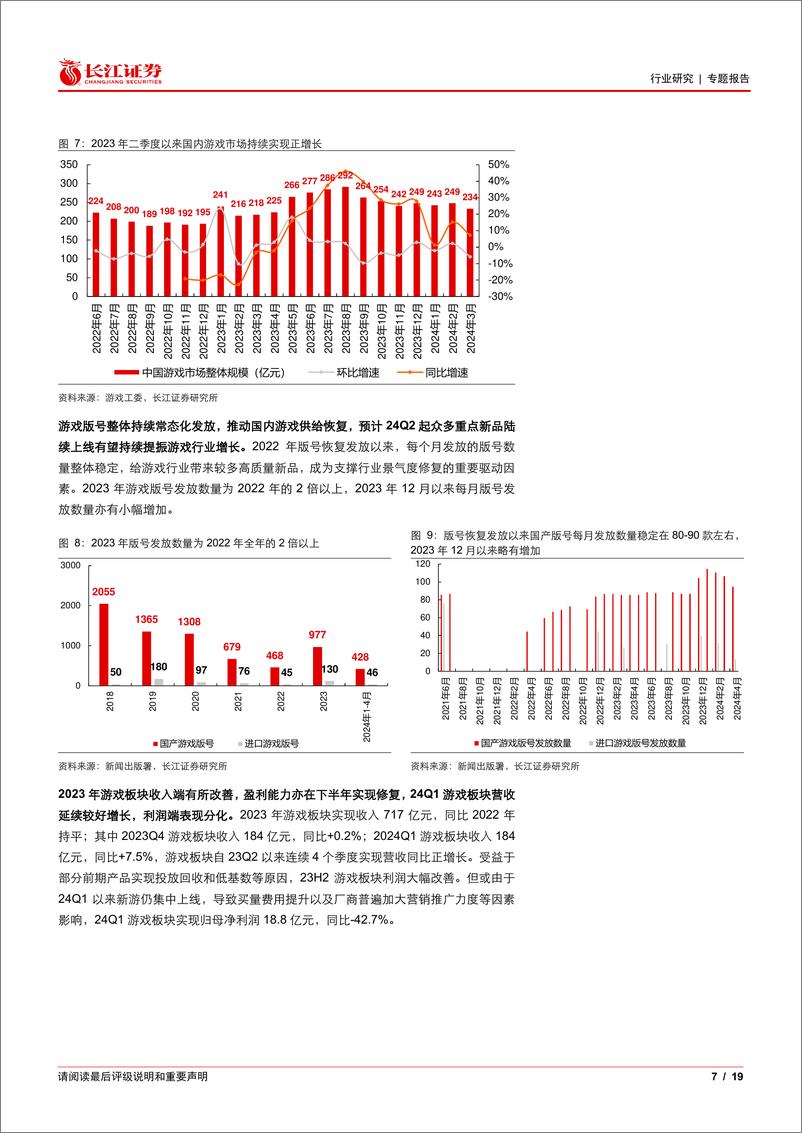 《传媒互联网行业23年报及24一季报综述：行业延续修复，业绩表现分化-240513-长江证券-19页》 - 第7页预览图