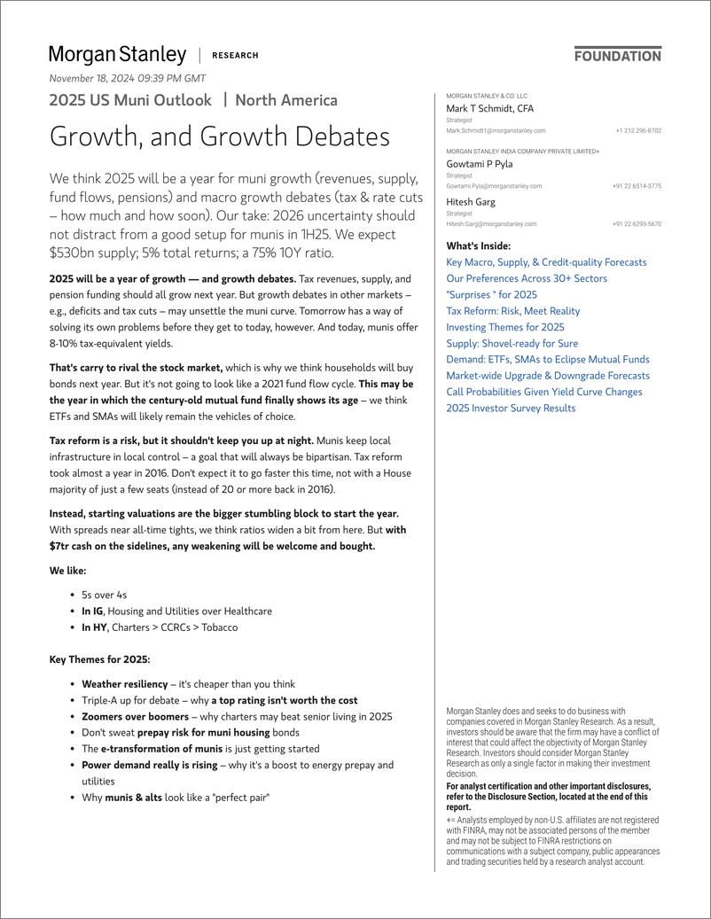 《Morgan Stanley Fixed-2025 US Muni Outlook Growth, and Growth Debates-111661119》 - 第1页预览图